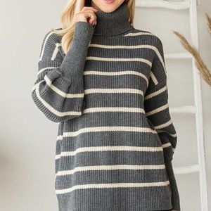 Women's Grey Heavy Knit Striped Turtle Neck Comfort And Stylist Knit Sweater NWT